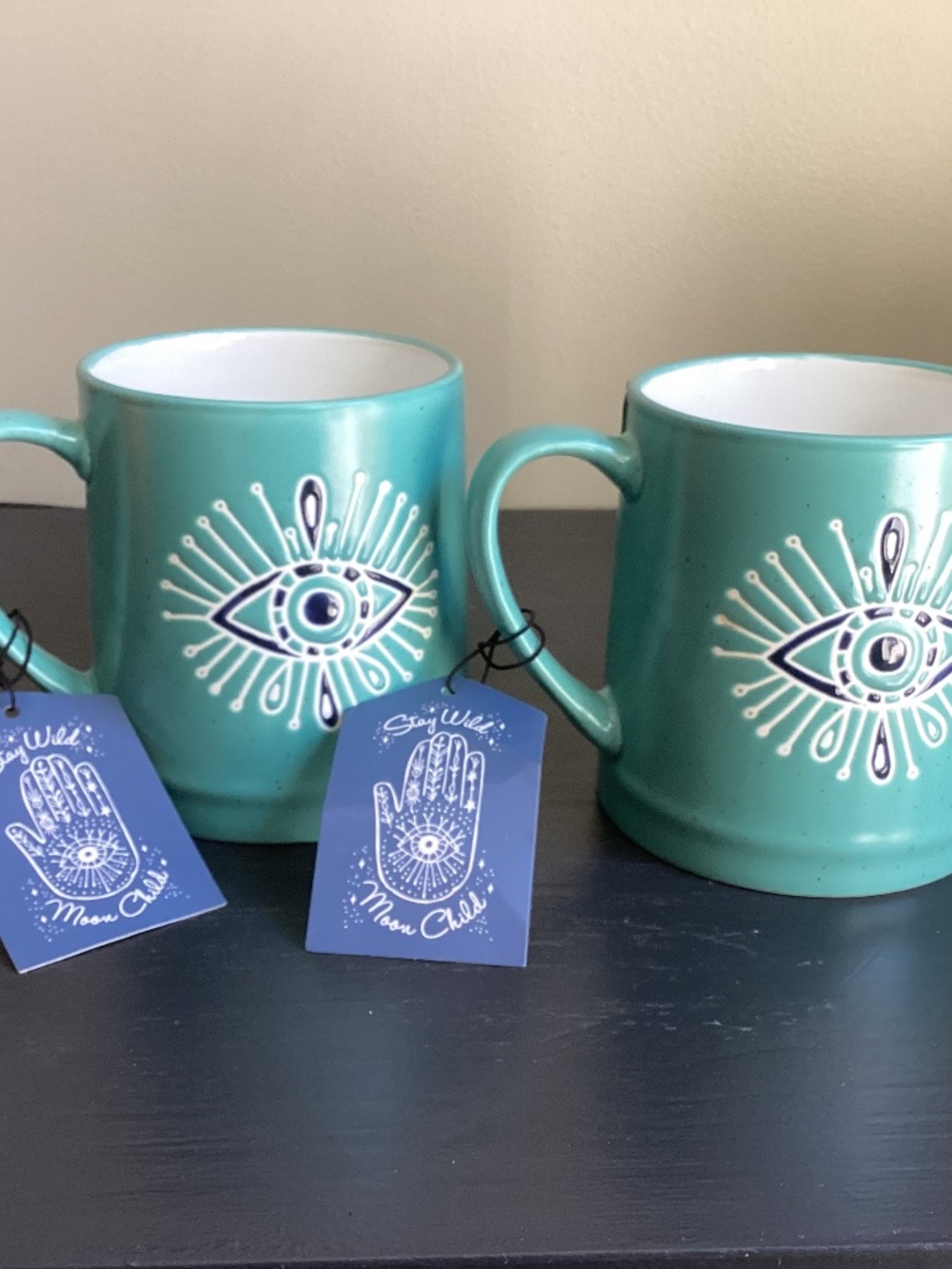 NEW Set of 2 ‘Stay Wild Moon Child’ Evil Eye Handpainted Ceramic Turquoise Mug